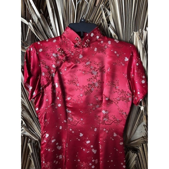 Vintage Dresses & Skirts - VTG 1940s Qipao Cheongsam Dress Red Silk Satin Wax Pearls Size Medium